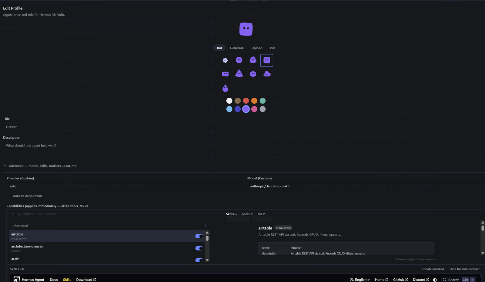 Hermes Agent Advanced panel showing model provider and skill configuration