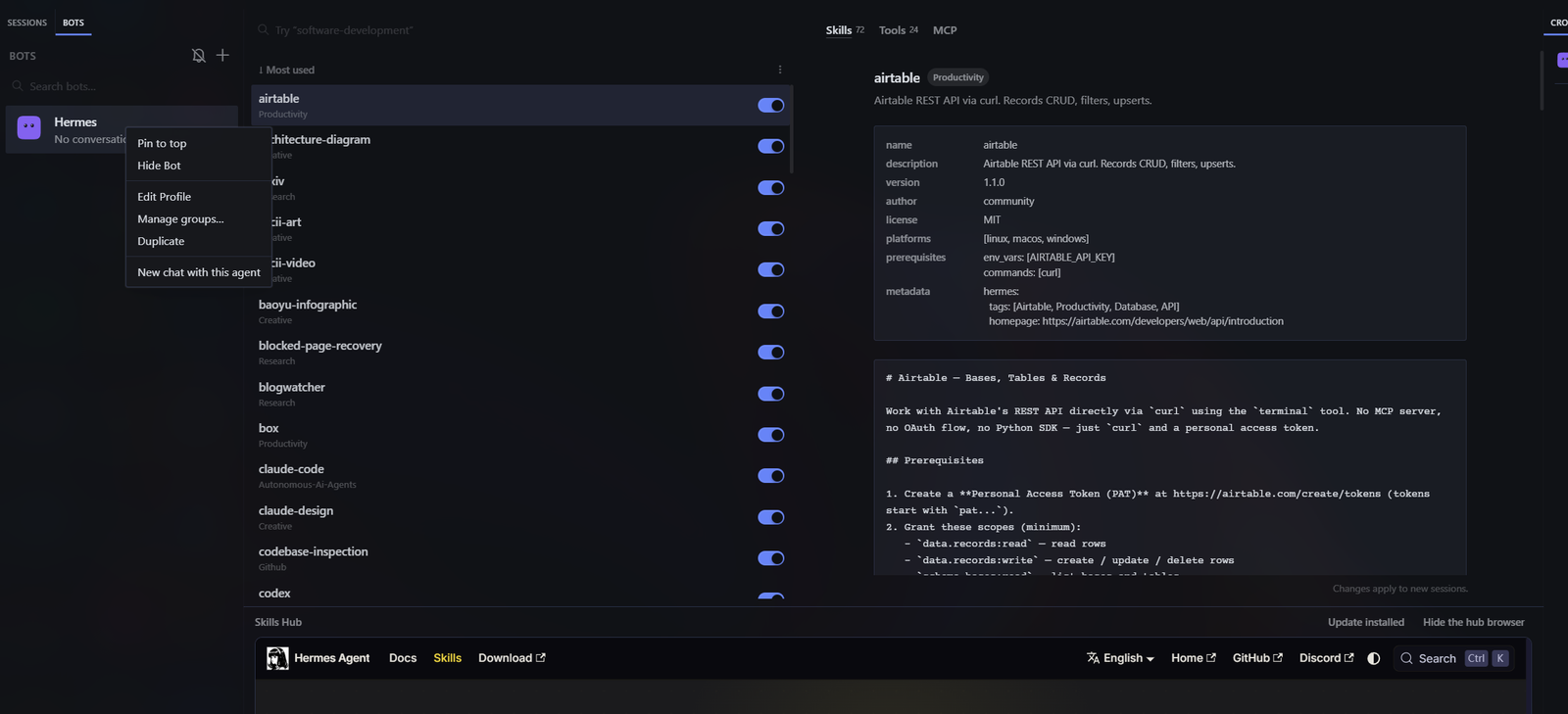 Hermes Agent BOTS page right-click menu showing Edit Profile option