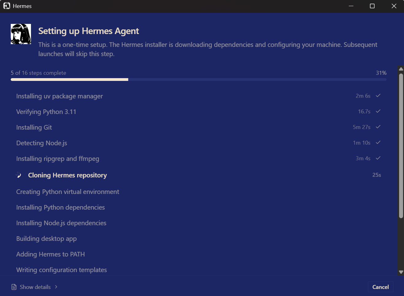 Hermes Agent installation progress bar waiting for completion