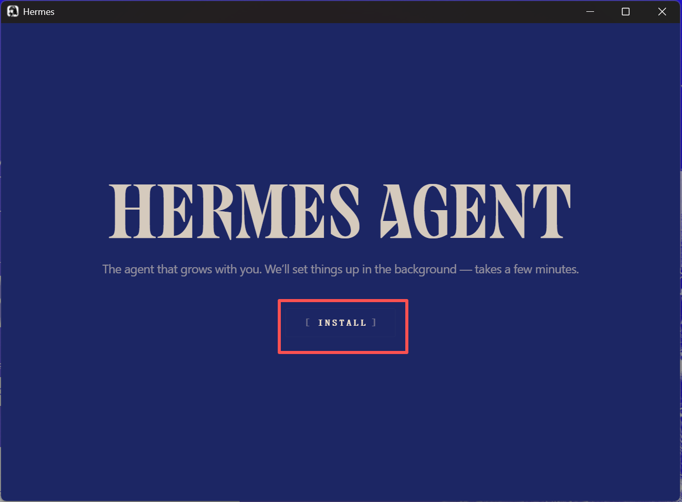 Hermes Agent installer window showing the Install button