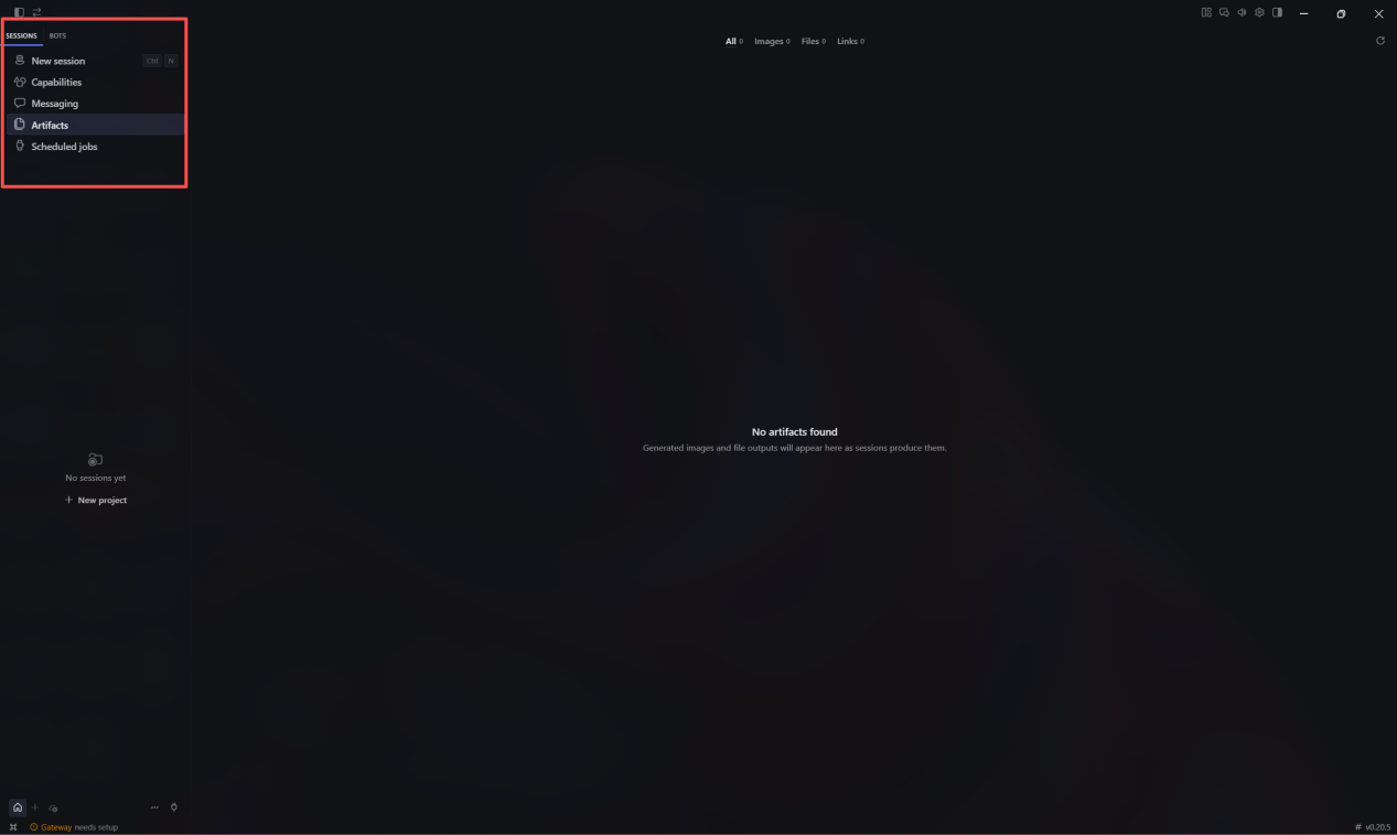 Hermes Agent left sidebar showing SESSIONS and BOTS tabs