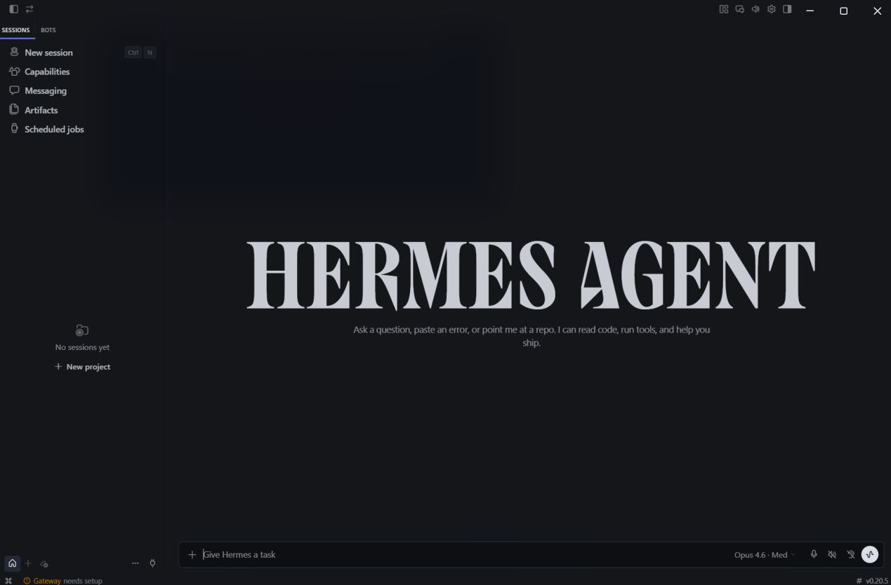 Hermes Agent desktop main interface after successful startup