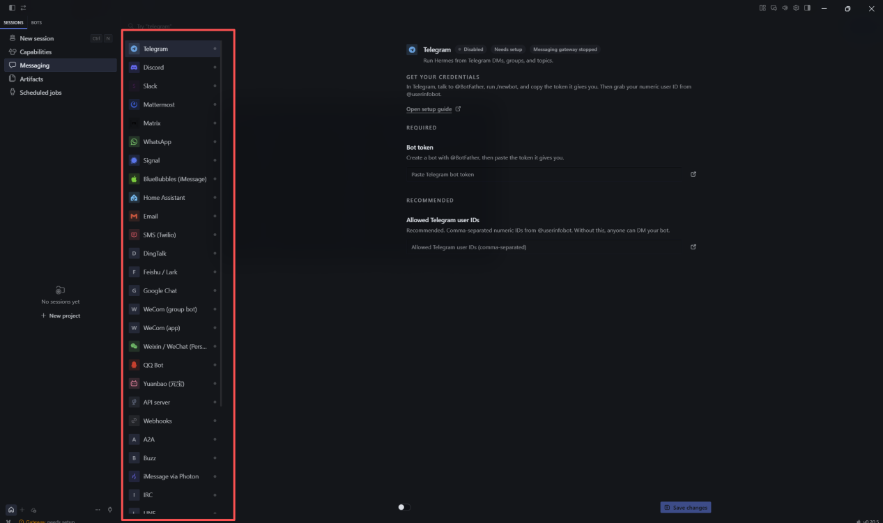 Hermes Agent Messaging gateway configuration page with platform list