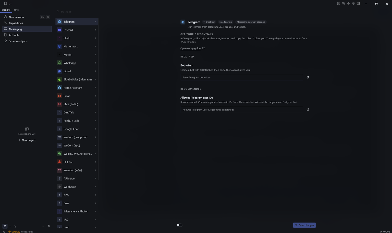 Hermes Agent Messaging gateway page showing bot token and user whitelist fields