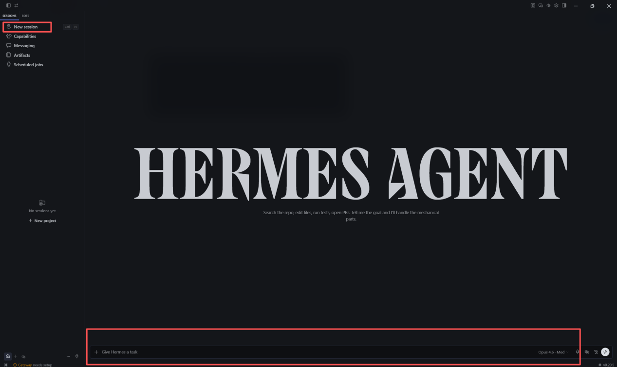 Hermes Agent New Session conversation interface with chat input