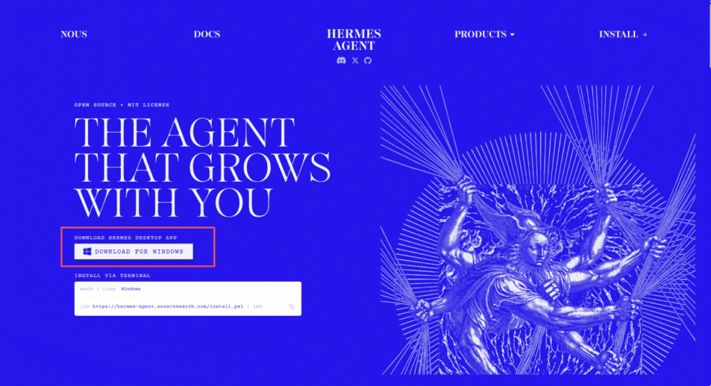 Hermes Agent official website download page showing the Windows desktop app download button