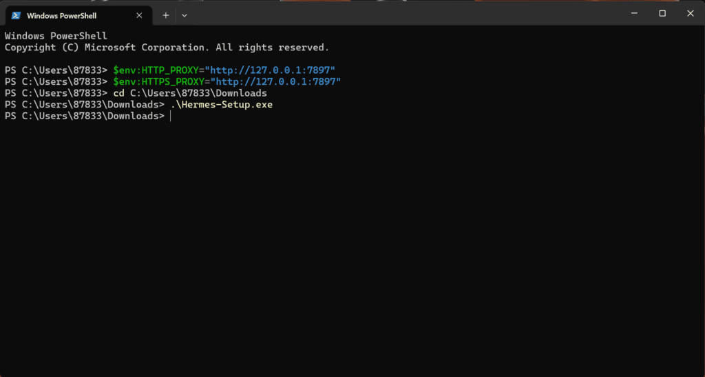 PowerShell terminal running the Hermes installer and configuring environment variables