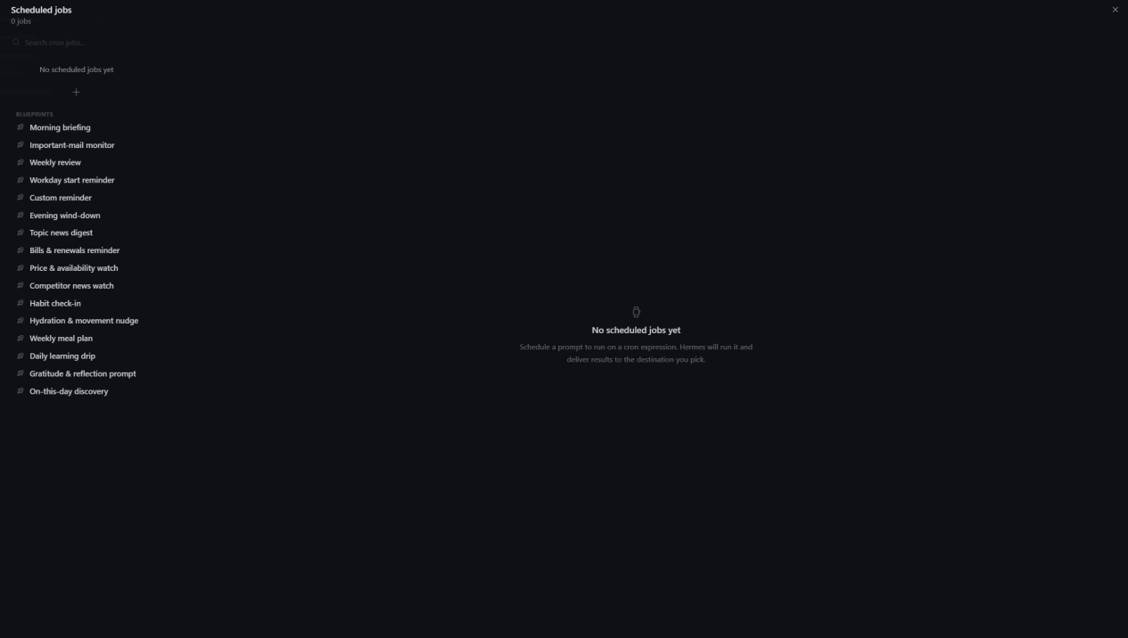 Hermes Agent Scheduled jobs configuration page for recurring tasks