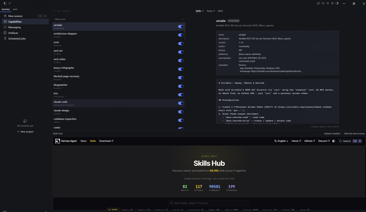 Hermes Agent Skills extension panel and Skills Hub marketplace interface