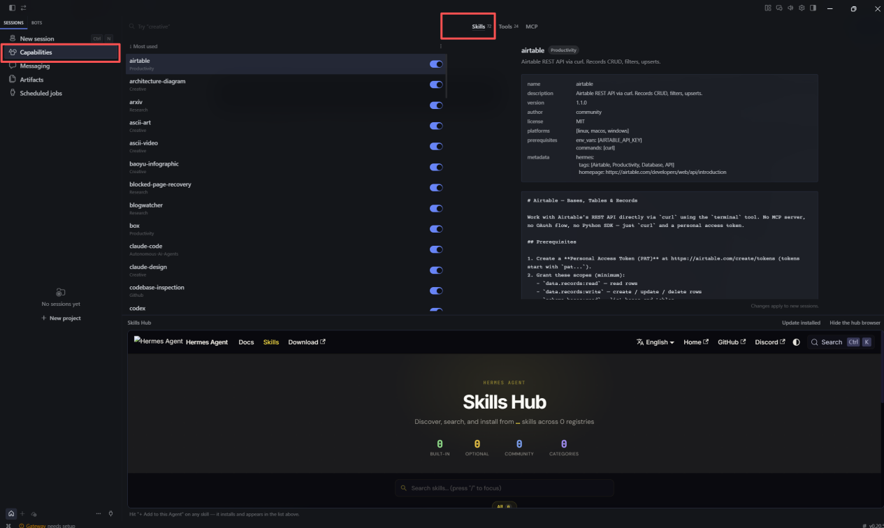 Hermes Agent Capabilities panel showing the custom Skills list