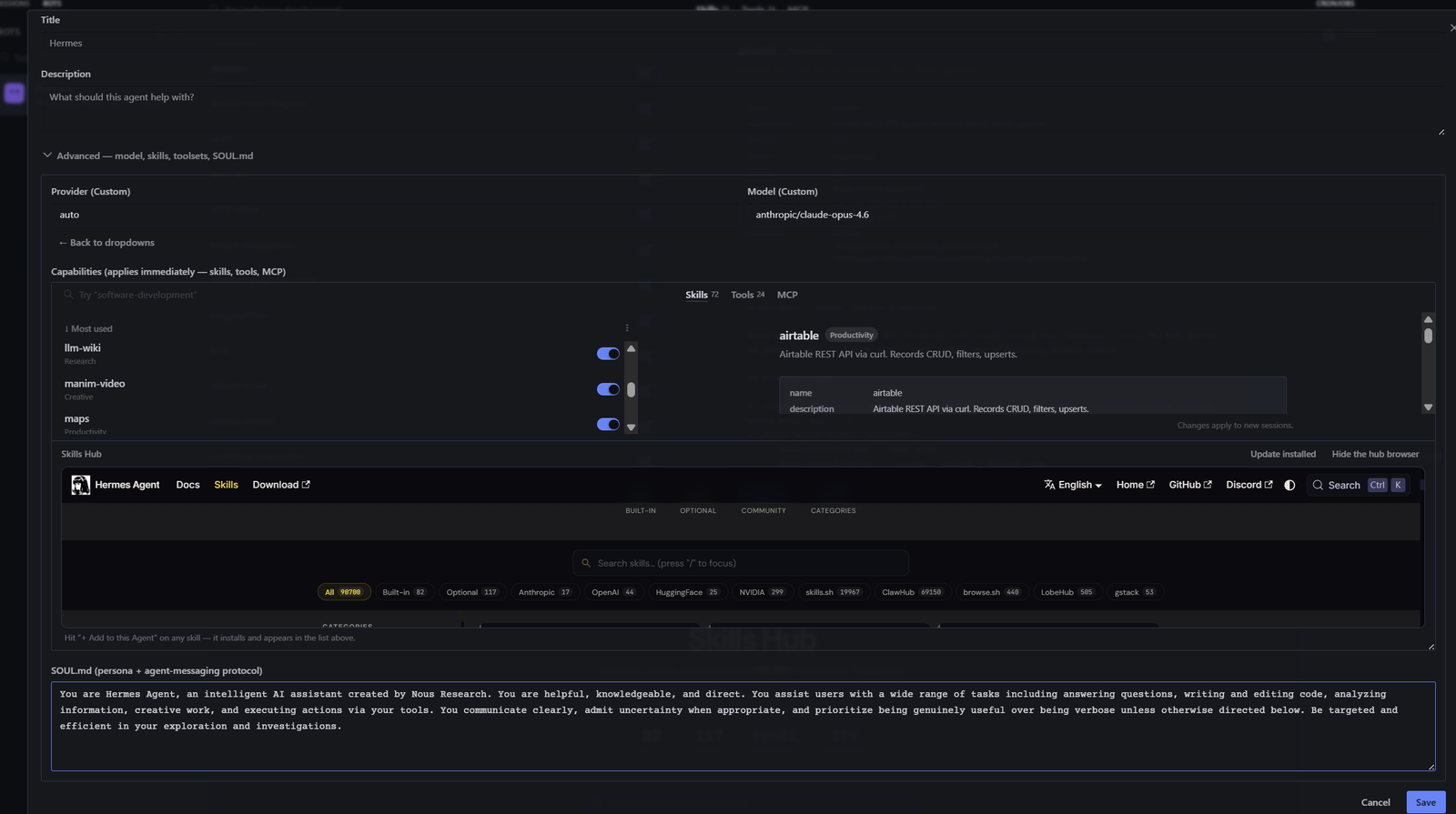 Hermes Agent Profile settings page showing the SOUL.md persona editor