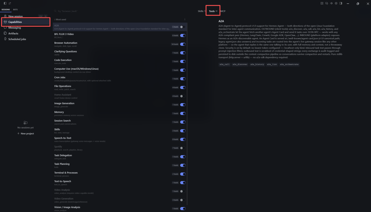 Hermes Agent Tools system permission toggles configuration panel