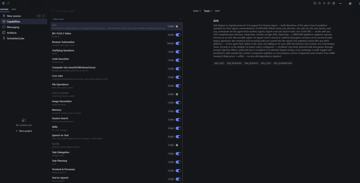 Hermes Agent Toolsets system-level permission management panel