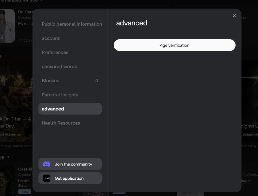 Character AI advanced age verification setting