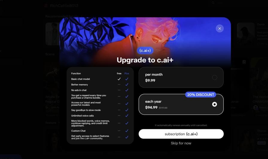 Character AI Plus pricing page showing $9.99/month and $94.99/year