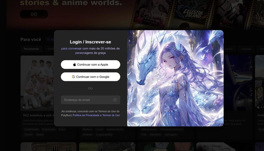 PolyBuzz AI login page with Google, Apple, and email options