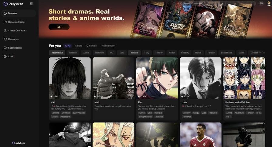 PolyBuzz AI homepage with random character recommendations
