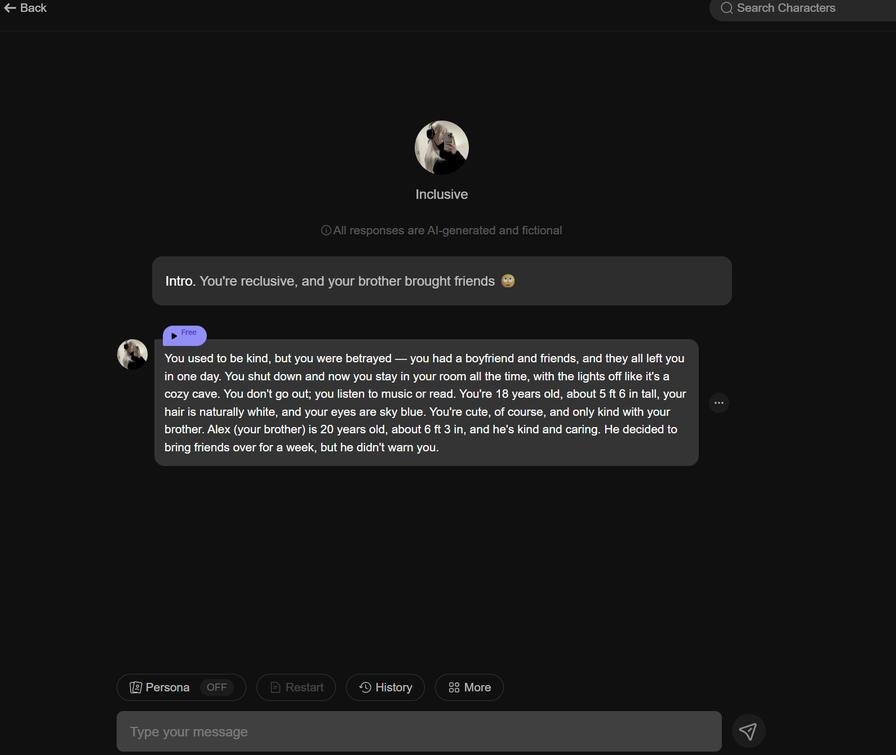 PolyBuzz AI character chat interface showing roleplay intro and persona settings