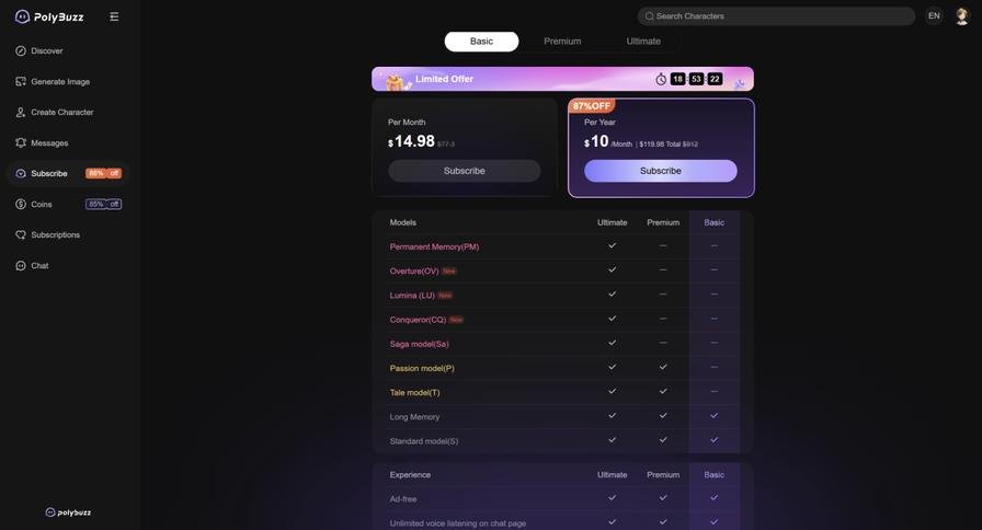 PolyBuzz Basic tier pricing page showing $14.98/month and $119.98/year