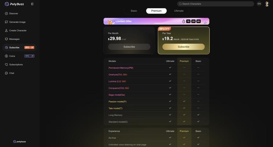 PolyBuzz Premium tier pricing page showing $29.98/month and $229.98/year