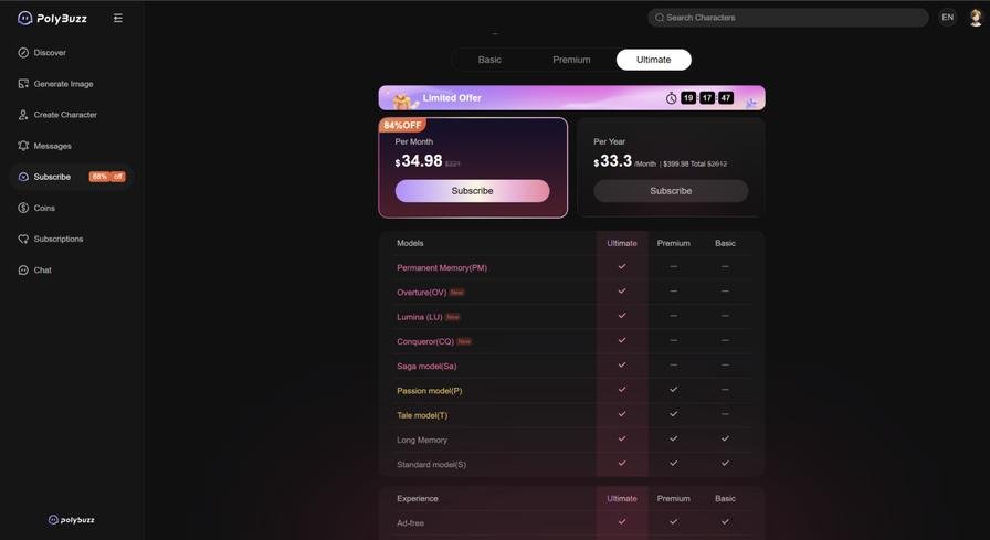 PolyBuzz Ultimate tier pricing page showing $34.98/month and $399.98/year