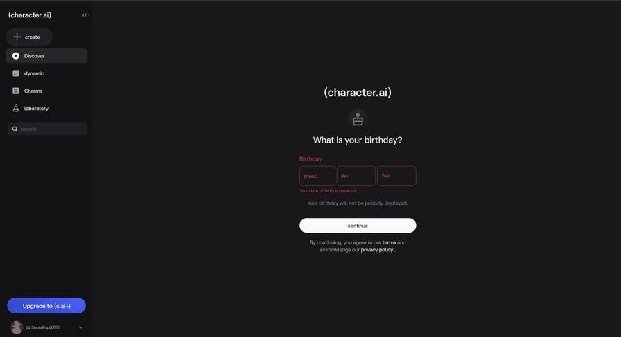 Character AI signup page requiring date of birth